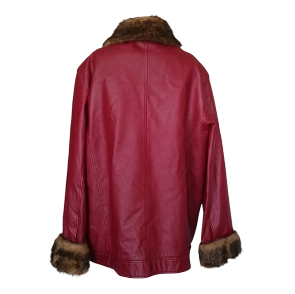 Terry Lewis Large Genuine Leather Jacket Red Snap Up Trucker Faux Fur Lining 1X - Picture 5 of 16